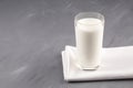 Turkish fermented drink Ayran or Kefir in a glass on a grey background. Selective focus. Copy space