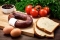 Turkish fermented sausage on wooden table with wooden cutting board with eggs, olive, parsley and tomatoes