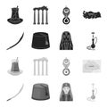 Turkish fez, yatogan, turkish, hookah.Turkey set collection icons in black,monochrome style vector symbol stock