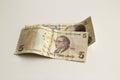 Turkish Five Lira Banknotes front and back side on white background. Royalty Free Stock Photo