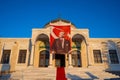 Turkish flag and Ataturk flag at the entrance of the Ethnography Museum of Ankara. Royalty Free Stock Photo