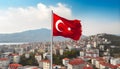 Turkish flag flies high over majestic city skyline at sunset generated by AI