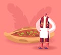 Turkish Food Concept. Man Wearing Traditional Turkey Costume Stand near Pide or Pita with Meat