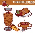 Turkish food cuisine dishes vector flat icons for traditional Turkey restaurant menu Royalty Free Stock Photo