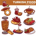 Turkish food cuisine dishes vector icons for traditional restaurant menu