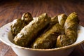 Turkish Food Dolma Stuffed Grape Leaves with Minced Meat, Rice and Tomato Paste / Sarma. Royalty Free Stock Photo