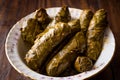 Turkish Food Dolma Stuffed Grape Leaves with Minced Meat, Rice and Tomato Paste / Sarma. Royalty Free Stock Photo