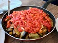 Turkish Food Kizartma / Fried Aubergine or Eggplant Slices with Tomato Paste Salsa Sauce and Cube Potatoes Royalty Free Stock Photo