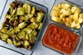 Turkish Food Kizartma / Fried Aubergine or Eggplant Slices with Tomato Paste Salsa Sauce and Cube Potatoes. Royalty Free Stock Photo