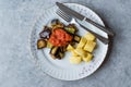 Turkish Food Kizartma / Fried Aubergine or Eggplant Slices with Tomato Paste Salsa Sauce and Cube Potatoes. Royalty Free Stock Photo