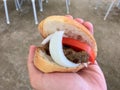 Turkish Food Kofte Ekmek / Meatball Sandwich with tomatoes and onion