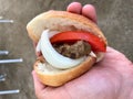 Turkish Food Kofte Ekmek / Meatball Sandwich with tomatoes and onion