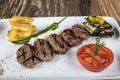 Turkish Food Meatball Kofte. Kofta with Tomatoes and Onion in Plate Portion. Grilled Kofte. Spicy meatballs Kebab or Kebap healthy