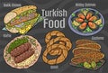 Turkish food. A set of classic dishes. Cartoon hand drawn illustration