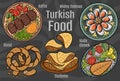 Turkish food. A set of classic dishes. Cartoon hand drawn illustration