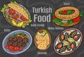Turkish food. A set of classic dishes. Cartoon hand drawn illustration