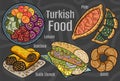 Turkish food. A set of classic dishes. Cartoon hand drawn illustration