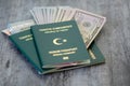 Turkish Green Special Passports and amerikan banknotes.