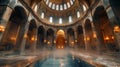 Turkish hammam marble interior, steamy atmosphere, dome ceiling, high resolution lighting focus