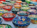 Turkish handmade colourful ceramic plates and bowls. Close up