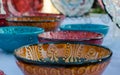 Turkish handmade colourful ceramic plates and bowls. Close up Royalty Free Stock Photo