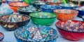 Turkish handmade colourful ceramic plates and bowls. Close up