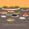 Turkish hospitality Common main and side dishes, desserts. Traditional food of Turkish cuisine. Royalty Free Stock Photo