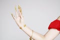 Turkish or India adornment of belly dancer`s hand in White background Royalty Free Stock Photo