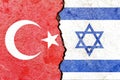 Turkish and Israeli flag on a cracked wall- politics, war, conflict concept