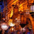 Turkish lanterns, old style lamps sold at Grand Bazar, craftsmanshift, colorfull lamps displayd at sunset