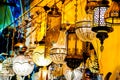 Turkish lanterns, old style lamps sold at Grand Bazar, craftsmanshift, colorfull lamps displayd at sunset