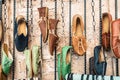 Turkish leather moccasin shoes made by artisans are offered for sale in the open market Bazaar