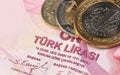 Turkish Lira banknote with liras metal coins