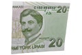 Turkish 20 lira banknote on white.