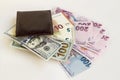 Turkish Lira Banknotes with Us dollars and Euros in a leather wallet on a white surface Royalty Free Stock Photo