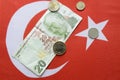Turkish national currency lira on turkish flag Royalty Free Stock Photo