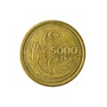 5000 turkish lira coin 1996 isolated on white background