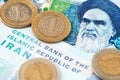 Turkish Lira Coins on Iranian Rial Currency Banknotes.