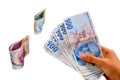 Turkish lira held on a white background Royalty Free Stock Photo