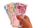 Turkish lira held on a white background Royalty Free Stock Photo