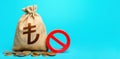 Turkish lira money bag and red prohibition sign NO. Confiscation of deposits. Termination projects. Monitoring suspicious money Royalty Free Stock Photo