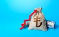 Turkish lira money bag and red up arrow. Economic growth, GDP. Rise in profits, budget fees. Increase in the deposit rate. Royalty Free Stock Photo