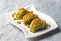 Turkish Midye Baklava ( Mussel Shape Baklava ) with green pistachio Powder and Butter Cream.