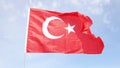 Turkish national flag with white star and crescent on flagpole on blue sky background