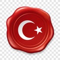 Turkish national flag with white star and moon. Glossy wax seal. Sealing wax old realistic stamp label on transparent