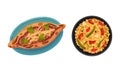 Turkish National Food with Pide Pizza and Pilaf with Vegetables Above View Vector Set