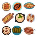 Turkish National Food with Turkish Pie Pide and Dolma Top View Vector Set