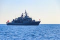 Turkish navy warship sailing in Mediterranean sea. Protection of water borders of Turkey