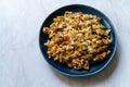 Turkish Olive Oil Food Green Peas / Fasulye Diblesi or Ayse Kadin Dible with Bulgur / Bulghur Rice served in Plate