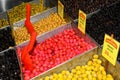 Turkish olives different mix for sale in Grand Bazaar, Egyptian outdoor market. Fresh produce